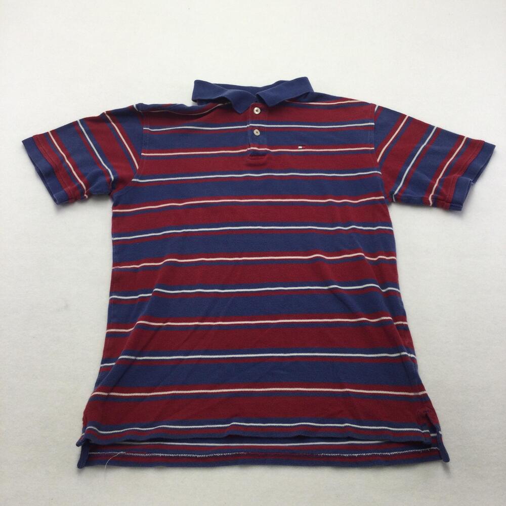 Tommy Hilfiger Polo Shirt Mens Large Blue Red Striped Cotton Short Sleeve Logo